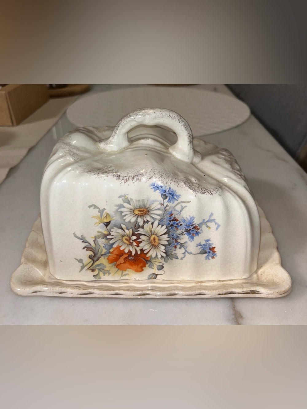 White Floral Ceramic Butter/cheese Dish with Daisies